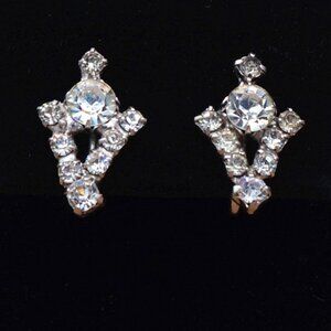 1960 Art Deco Style Chevron Crystal Cluster Stud Earrings Screw Back